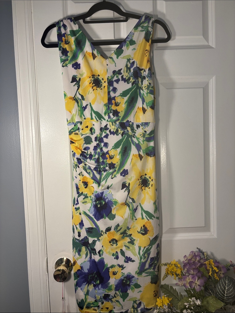Floral V-Neck Sleeveless Dress - White with Yellow & Blue - Picture 6 of 6